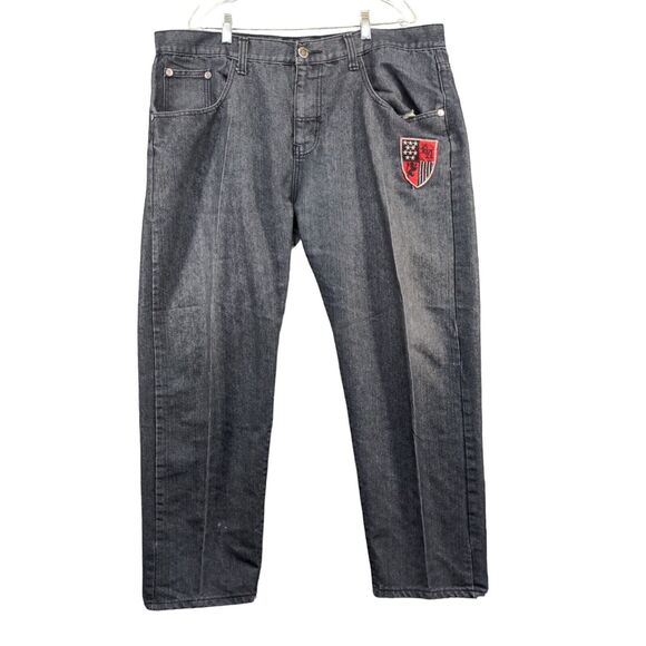 Red Ape Men's Straight Jeans Size 44 Black 5-Pocket Embroidered Logo Dark Wash - Picture 1 of 15
